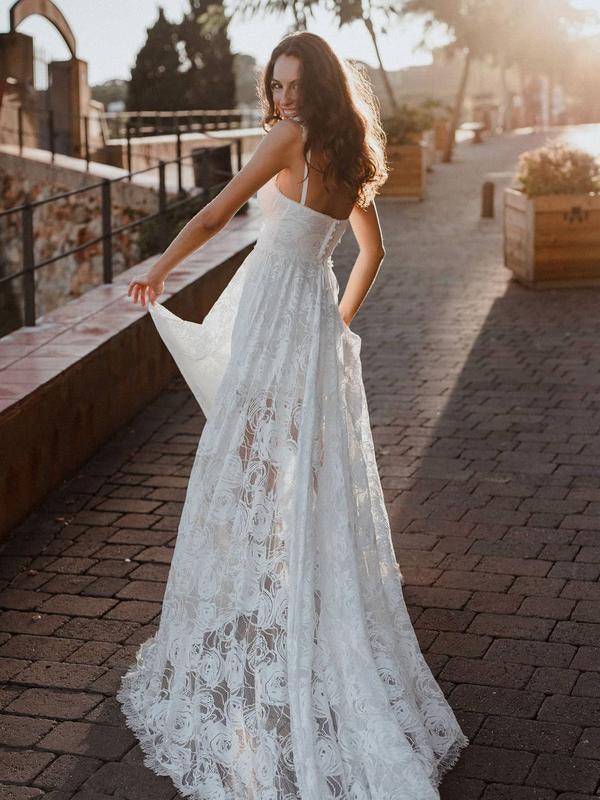 A-Line Lace Backless V-Neck Spaghetti Straps Lace Beach Wedding Dress