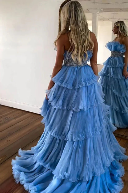 Strapless A-Line Long Tiered Prom Dress With Belt
