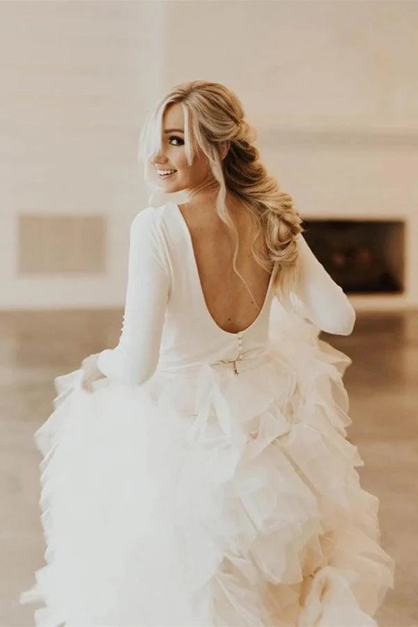 A-Line Round Neck Court Train Tulle Wedding Dress with Long Sleeves