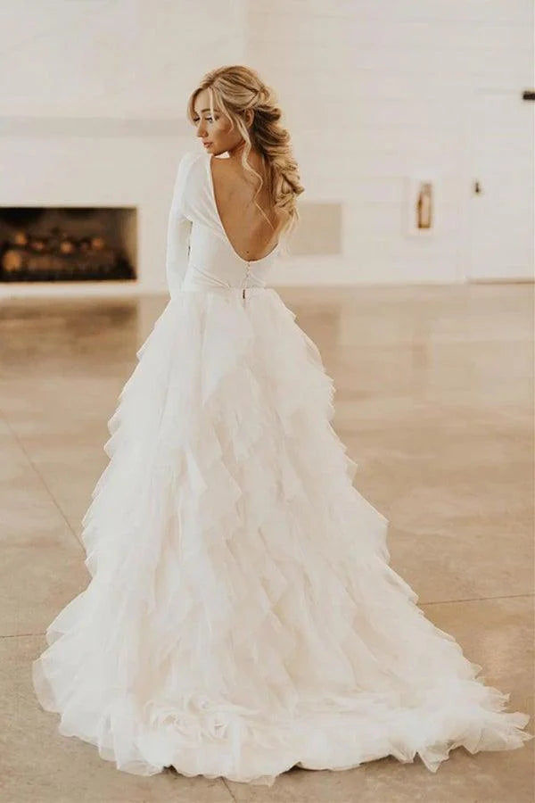 A-Line Round Neck Court Train Tulle Wedding Dress with Long Sleeves