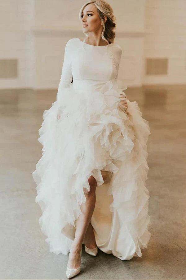 A-Line Round Neck Court Train Tulle Wedding Dress with Long Sleeves