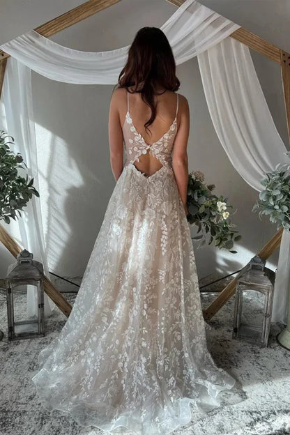 A-Line Spaghetti Straps Key Hole Back Elegant Wedding Dress