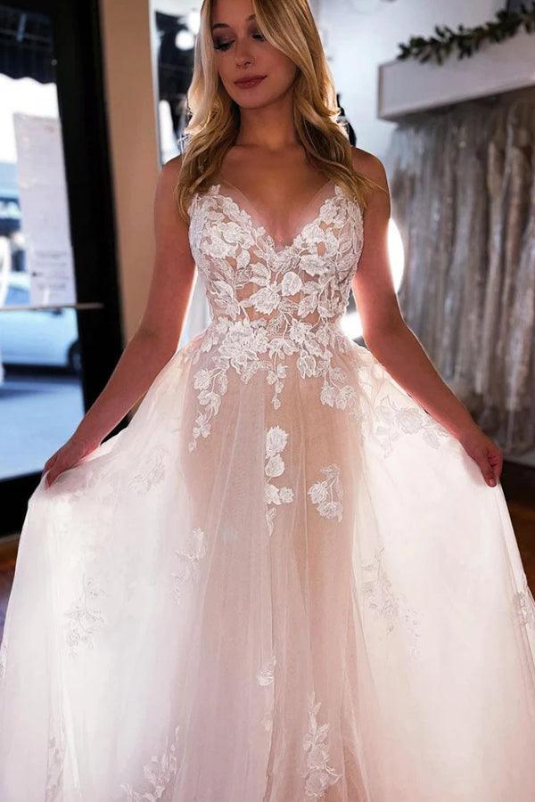 A-line V Neck Light Champagne Tulle Ivory Lace Wedding Dress