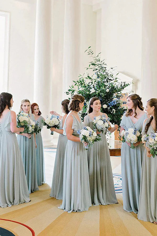 A-Line Floor Length Light Blue Long Bridesmaid Dress With Ruffles