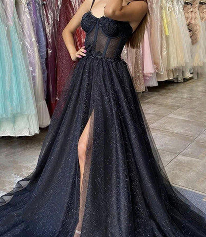 A Line Party Dresses Spaghetti Straps V Neck Floor Length Tulle Prom Dress with Beading