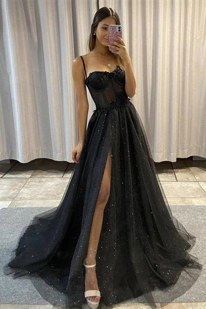 A Line Party Dresses Spaghetti Straps V Neck Floor Length Tulle Prom Dress with Beading