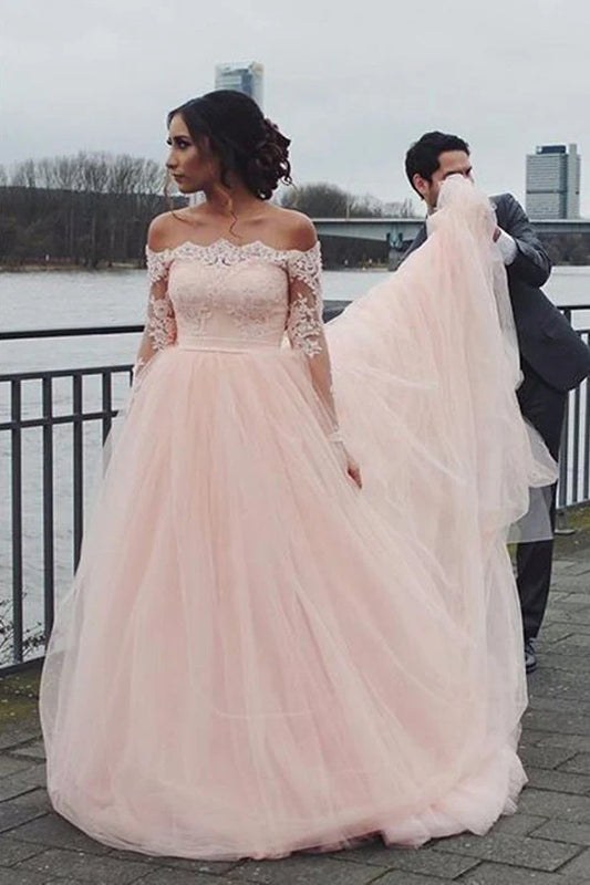 A-line Blush Pink Off Shoulder Long Sleeves Wedding Dress