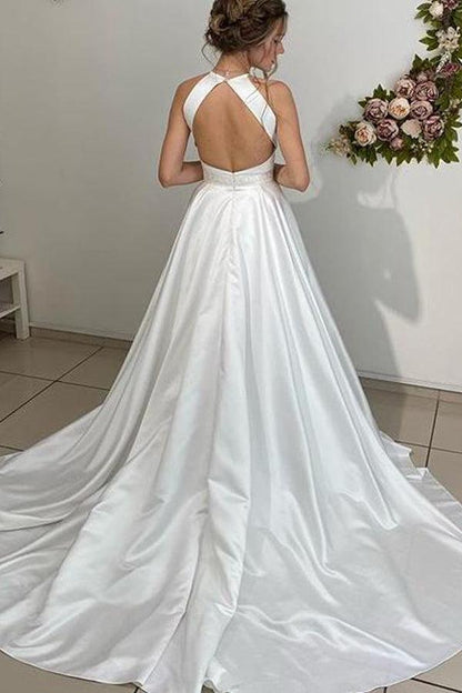 A-line Halter Neckline Backless Long Satin Wedding Dresses With Beading Belt