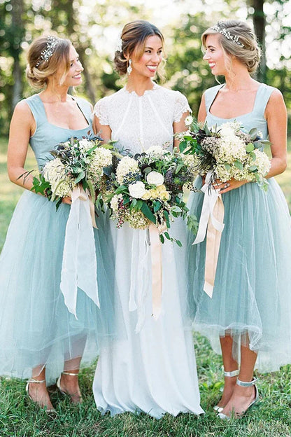 A-line Square High Low Tulle Beaded Simple Bridesmaid Dresses