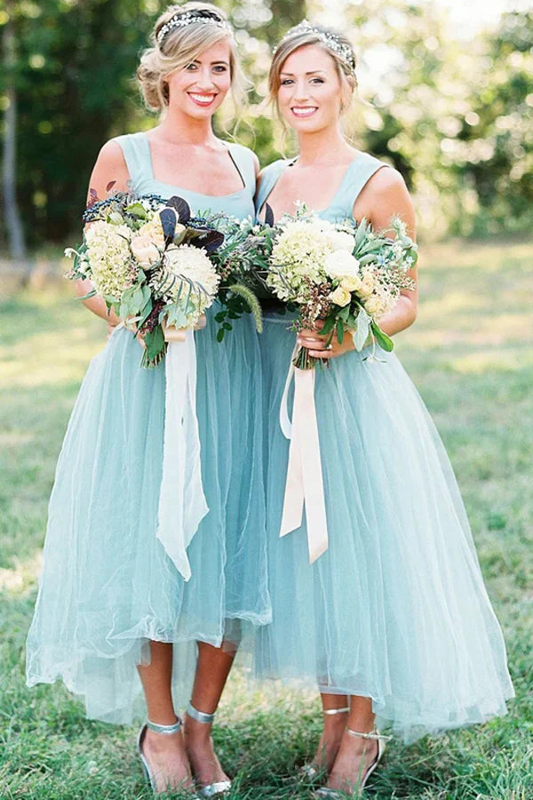 A-line Square High Low Tulle Beaded Simple Bridesmaid Dresses