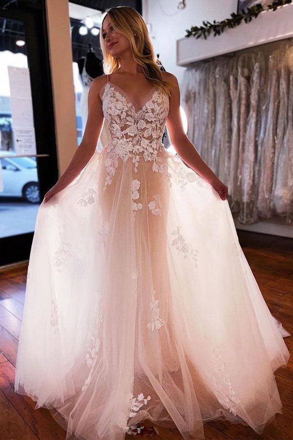 A-line V Neck Light Champagne Tulle Ivory Lace Wedding Dress