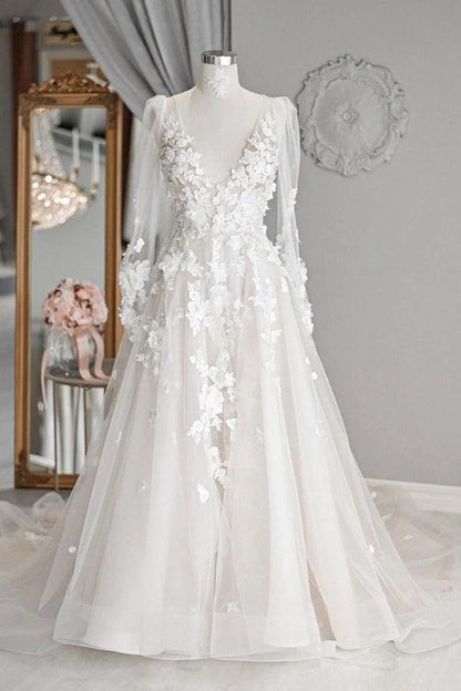 A-line V Neck Long Sleeves Ivory Tulle Wedding Dresses Bridal Gowns