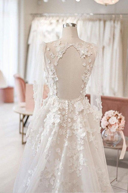 A-line V Neck Long Sleeves Ivory Tulle Wedding Dresses Bridal Gowns