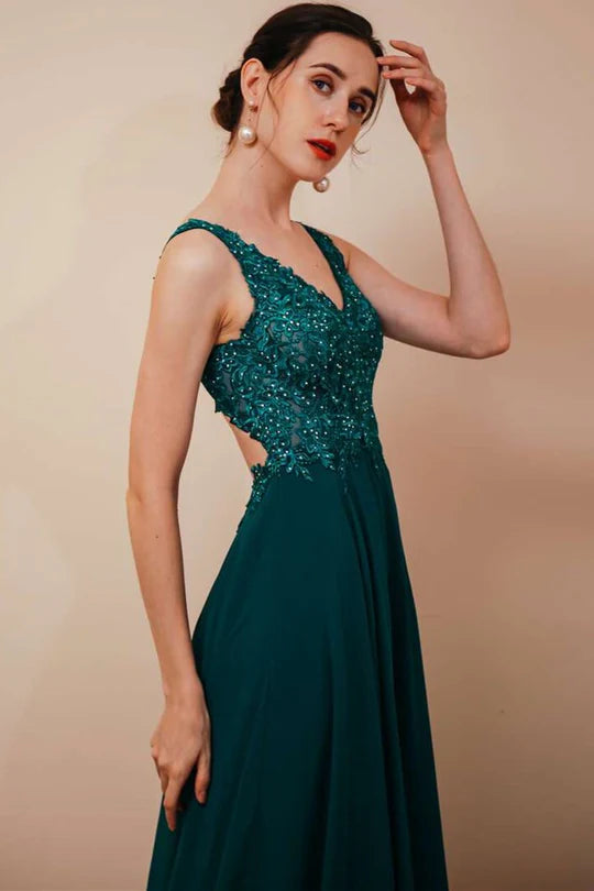 Chiffon V-neck High Side Slit Prom Gown with Applique