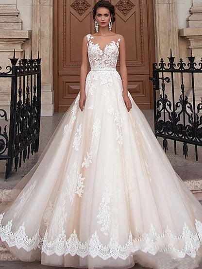 A-Line Wedding Dresses Jewel Neck Court Train Lace Satin Tulle Regular Straps Country Illusion Detail Backless with Appliques