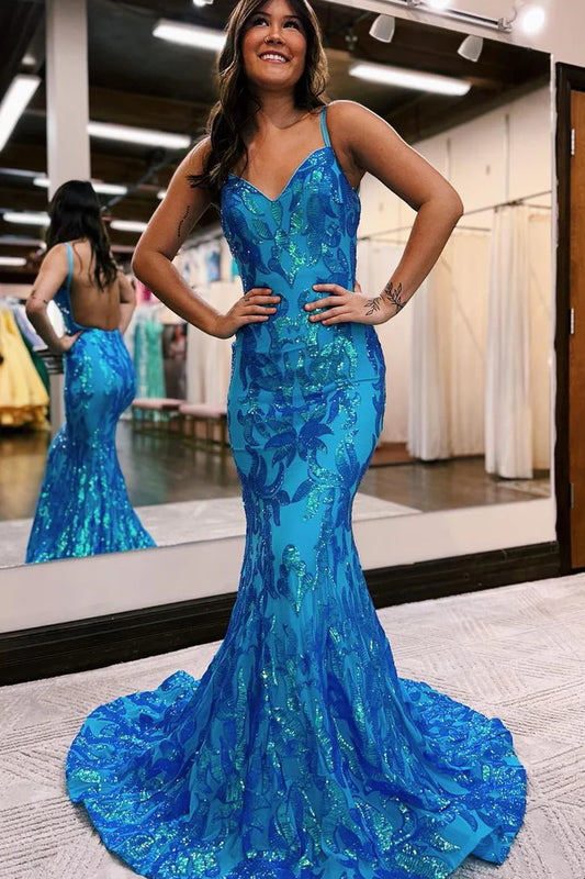 Charming Mermaid V-Neck Straps Blue Sequins Backless Prom Dresses