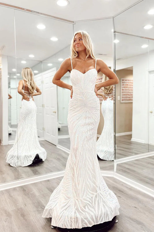 Charming Mermaid White Spaghetti Strap Sequins Lace Lace-Up Back Prom Dresses
