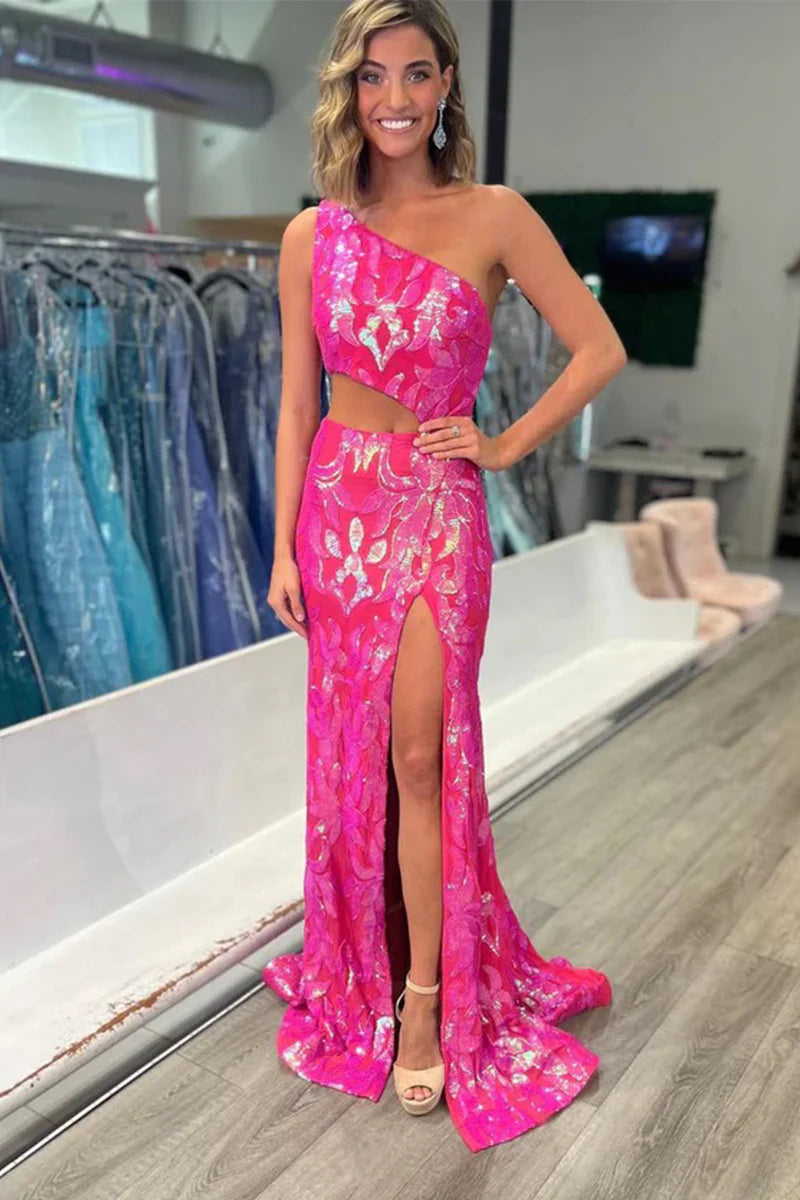 Cute Mermaid One Shoulder Hot Pink Sequins Lace Split Fork Prom Dresses with Slit