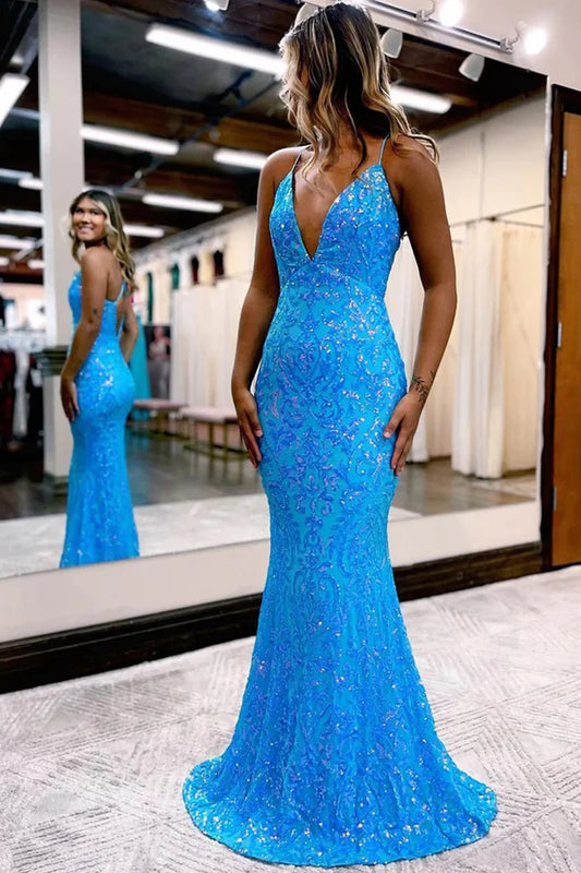 Sparkly Mermaid V Neck Spaghetti Strap Blue Sequins Backless Slim-fit Prom Dresses