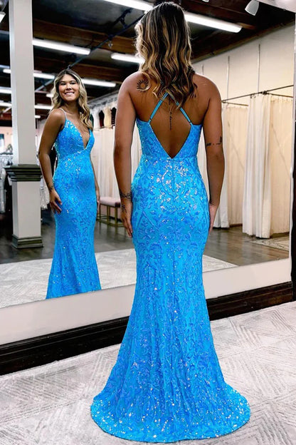 Sparkly Mermaid V Neck Spaghetti Strap Blue Sequins Backless Slim-fit Prom Dresses