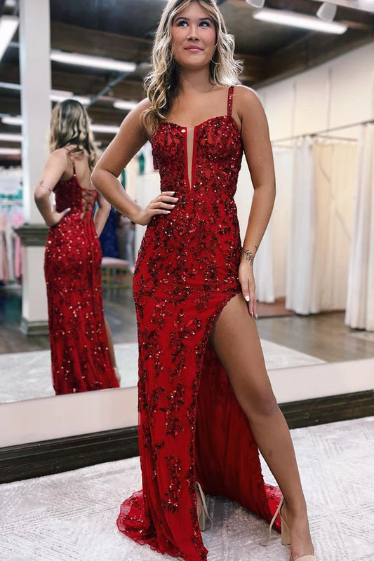 Cute Mermaid Straps Red Plunge V Sequins Lace-Up Back Long Prom Dresses with Slit