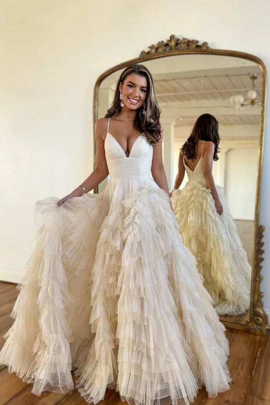 Cute Ball Gown Tutu V Neck Spaghetti Strap Champagne Tulle Long Prom Dresses