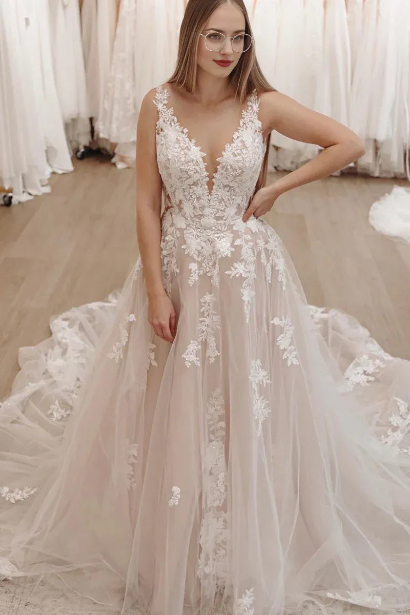 Elegant A Line V Neck Spaghetti Strap Tulle Backless Wedding Dresses with Appliques