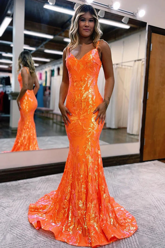 Fashion Mermaid V Neck Spaghetti Strap Orange Lace Sequins Long Prom Dresses