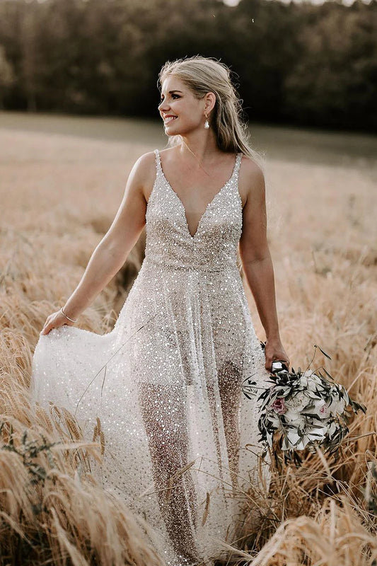 Charming A Line V Neck Spaghetti Strap Sequins Backless Wedding Dresses