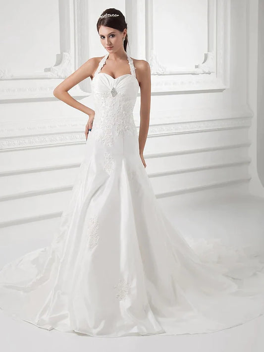 A-Line Wedding Dresses Halter Neck Court Train Taffeta Spaghetti Strap Simple Vintage Plus Size with Ruched Beading Appliques