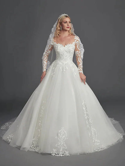 Ball Gown Wedding Dresses Illusion Neck Chapel Train Lace Tulle Long Sleeve Glamorous See-Through Illusion Detail with Buttons Appliques