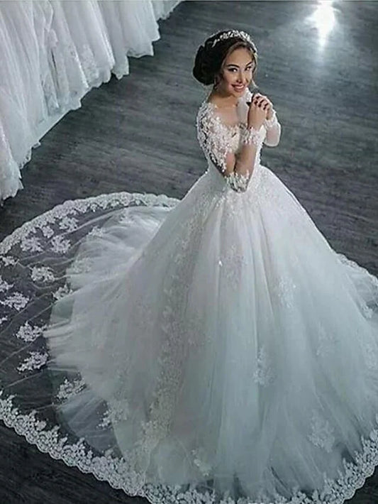 A-Line Wedding Dresses High Neck Court Train Lace Long Sleeve Country Glamorous Backless Illusion Sleeve with