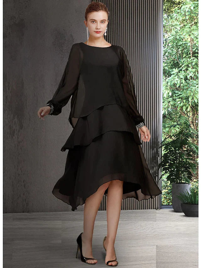 A-Line Mother of the Bride Dress Elegant Jewel Neck Asymmetrical Chiffon Long Sleeve with Sequin Tier