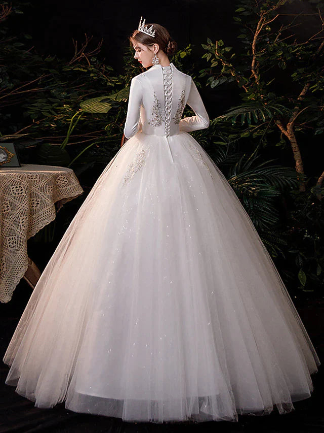 Princess Ball Gown Wedding Dresses V Neck Floor Length Lace Tulle Long Sleeve Romantic Sparkle & Shine with Appliques