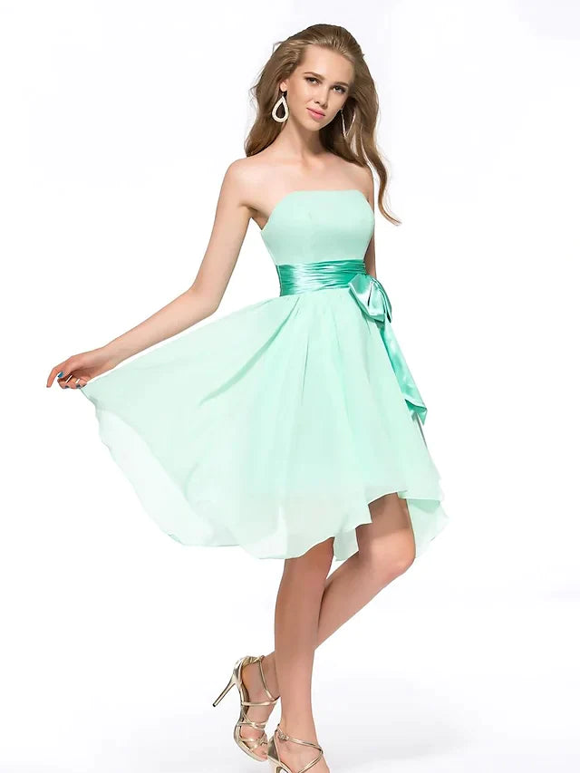 A-Line Minimalist Elegant Engagement Cocktail Party Dress Strapless Sleeveless Asymmetrical Knee Length Chiffon with Sash Ribbon Bow(s)