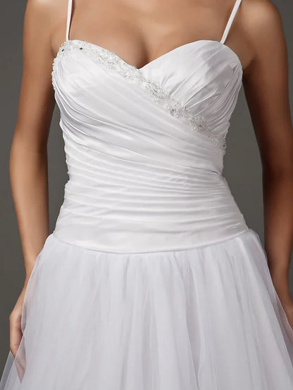 A-Line Wedding Dresses Sweetheart Neckline Spaghetti Strap Floor Length Taffeta Tulle Sleeveless