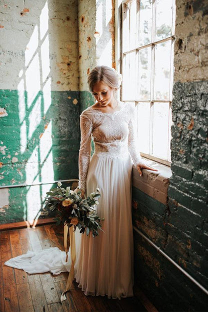 A Line Boho Lace Long Sleeves Open Back Rustic Wedding Dresses