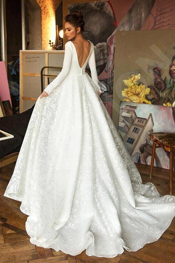 A Line Elegant Long Sleeves V Neck Beach Wedding Dress Bridal Gown