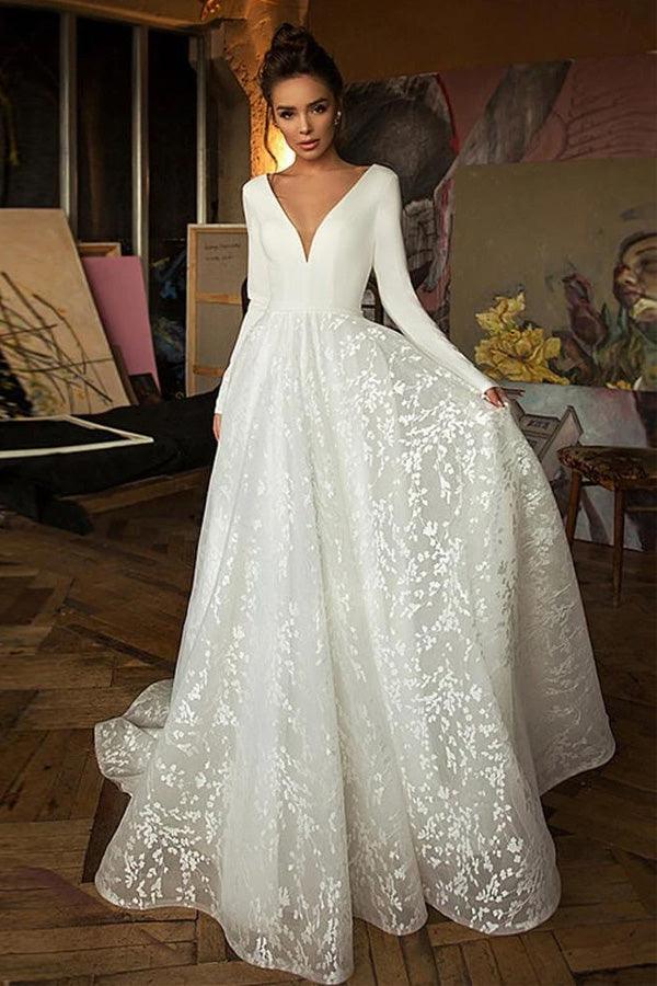 A Line Elegant Long Sleeves V Neck Beach Wedding Dress Bridal Gown