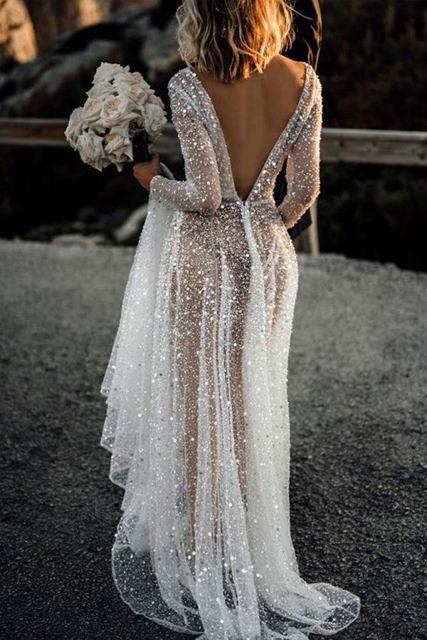 A Line See Through Deep V Neck Long Sleeves Sparkly Wedding Dresses