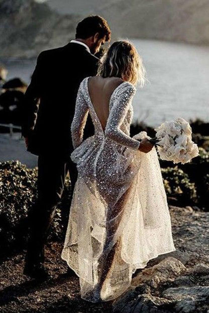 A Line See Through Deep V Neck Long Sleeves Sparkly Wedding Dresses