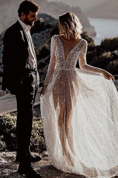 A Line See Through Deep V Neck Long Sleeves Sparkly Wedding Dresses