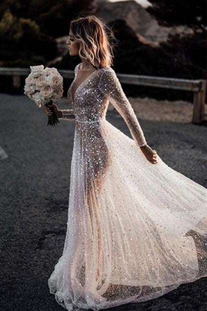 A Line See Through Deep V Neck Long Sleeves Sparkly Wedding Dresses