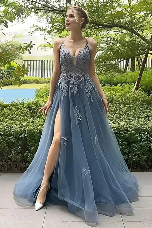 A Line Spaghetti Straps V Neck Lace Appliques Long Prom Dress With Split