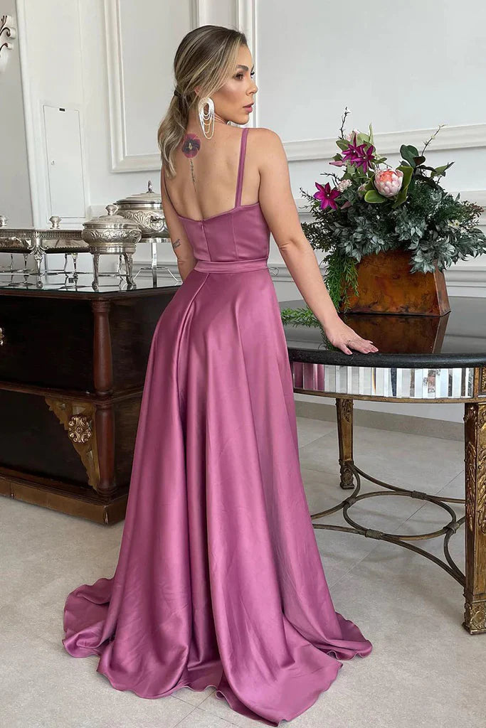 A Line Spaghetti Straps Sweetheart Ruched Long Bridesmaid Dress