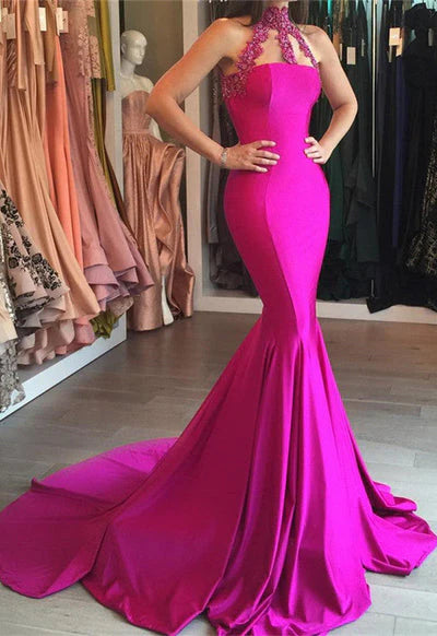 Sheath Trumpet Sweep/Brush Train Dresses Halter Neck Sleeveless Long Prom Dress