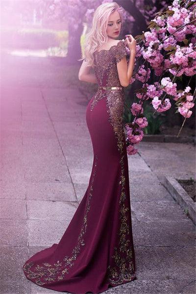 Sheath Mermaid Off the Shoulder Brush Train Dresses Long Prom Dress With Beading Appliques