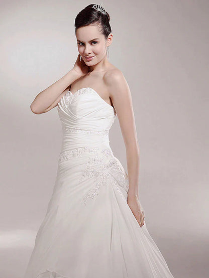 Princess A-Line Wedding Dresses Sweetheart Neckline Strapless Cathedral Train Chiffon Sleeveless