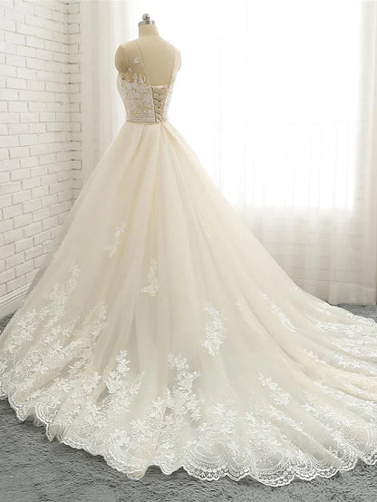 Wedding Dresses Jewel Neck Chapel Train Lace Tulle Lace Over Satin Regular Straps Formal See-Through with Sashes Ribbons Pearls Appliques