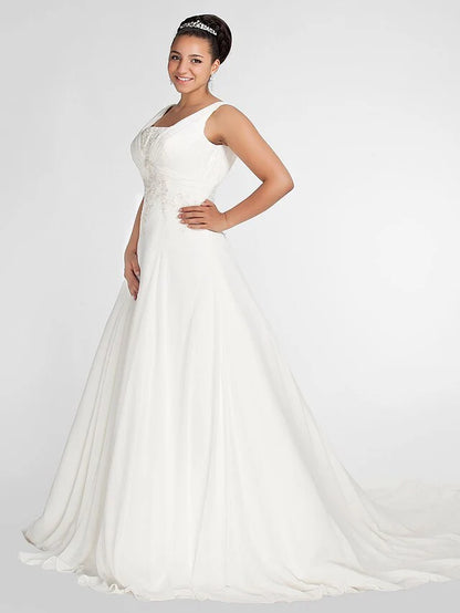 A-Line Wedding Dresses Square Neck Chapel Train Chiffon Sleeveless with Beading Draping Appliques